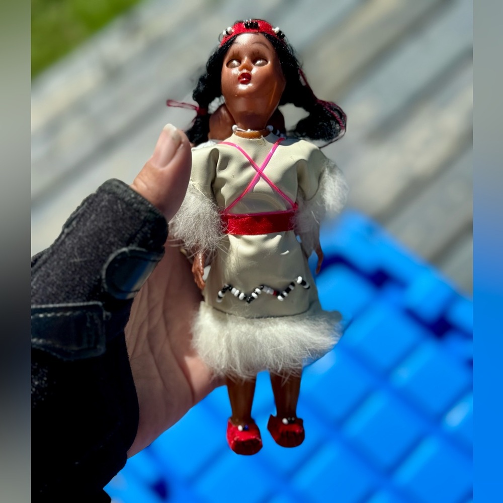1970s Traditional Doll Carrying Twins with Red and White Outfit